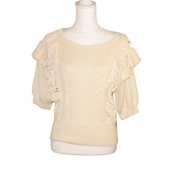 NWT LC Lauren Conrad Cream Women's M Crotchet Knit 3/4 Sleeve Top with Ruffles - Picture 1 of 8